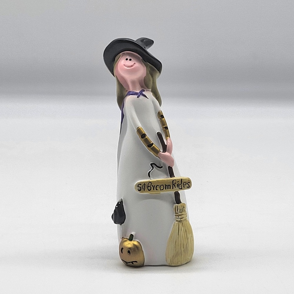 Primitive Style Halloween Witch Figurine 5 Cent Broom Rides Pumpkin Folk Art